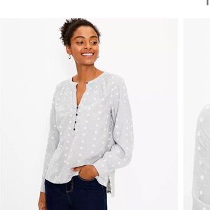 LOFT Clip Dot Henley Blouse Gray and White Patterned Top M
